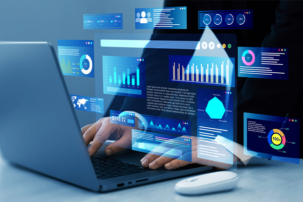 A person working on a laptop overlaid with stat graphs